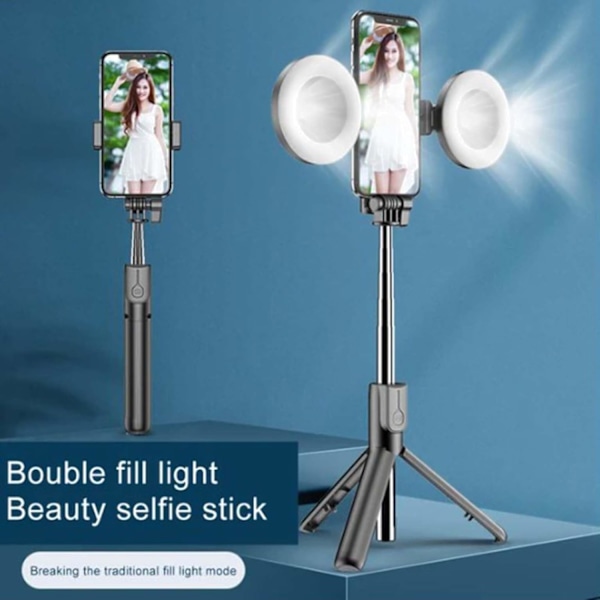 Selfie Stick, Ny 6 i 1 Bluetooth Selfie Stick med Lys, Foldbar Selfie Stick Tripod (Sort, Dobbelte Udfyldningslys)