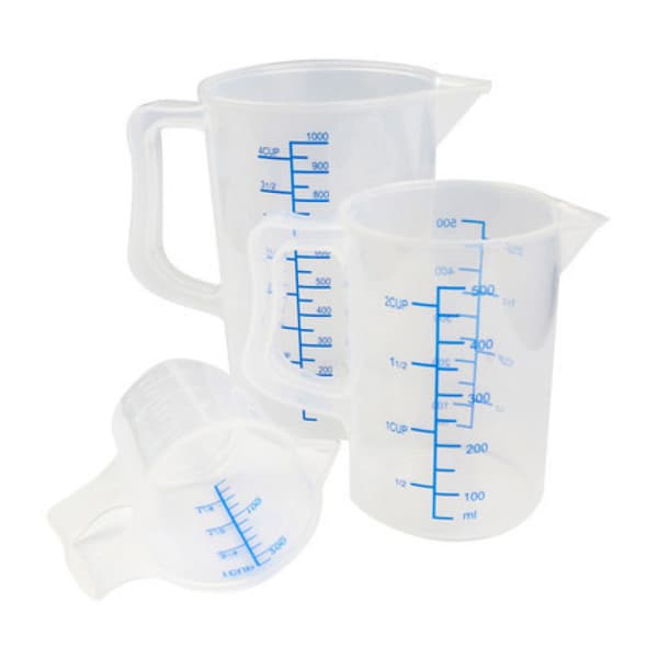 Set med 3 st PP plast blå graderade mätkoppar, kök matlagning bakning mätkoppar, 200/500/1000 ml mätkoppar