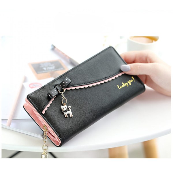 Dame Lang Pung PU Læder Clutch 5.5\" Telefon Etui 12 Kortpladser Holder Lynlås Lommepung Sort