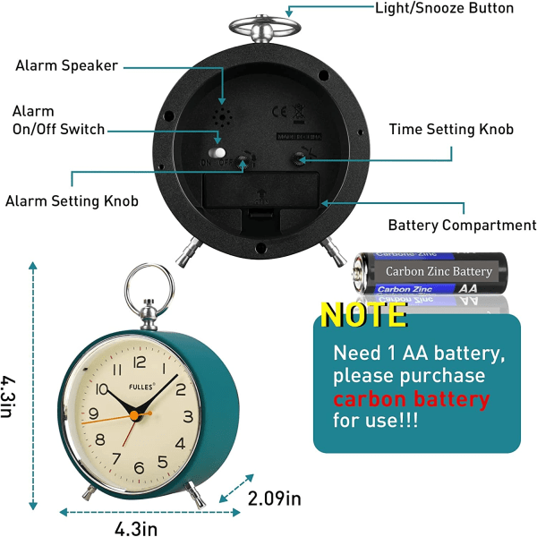 Analog alarmklokke uten tikking med nattlys slumrefunksjon rund retro alarmklokke batteridrevet klokke for soverom stue for barn, blå