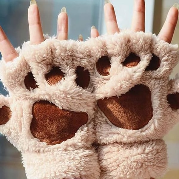 Söta Katt Kattens Tassar Fingerlösa Vantar Mysiga Konstgjord Päls Plysch Halvfinger Vantar Pekskärm Varma Vantar för Flickor Kvinnor