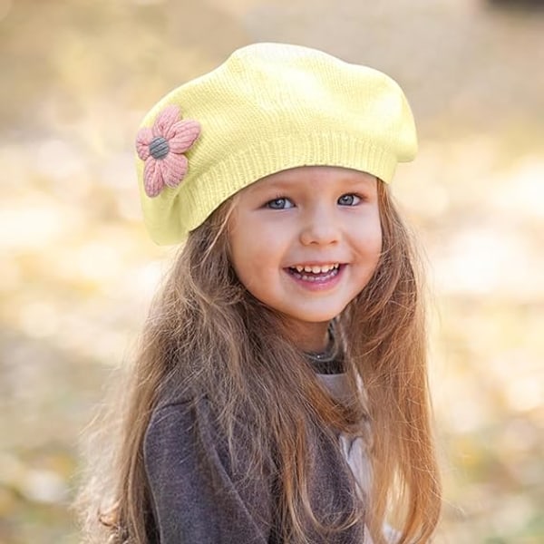 Liten flicka Beret Hatt Vinter Varm Beanie Mössa Toddler Fransk Stil Stickad Hatt Baby Söt Blomma Berets