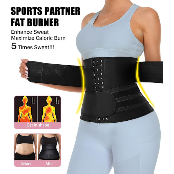 Neopren Taljetræner til Kvinder Slankning Body Shaper Talje Trimmer Cincher Svedbælte S Black Double Belt With Hook