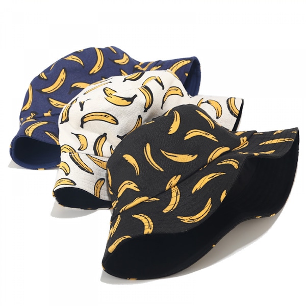 Wekity Söt Hinkhatt Strand Fiskarehattar för Kvinnor, Vändbar Dubbelsidig Unisex (Banan, Mörkblå)