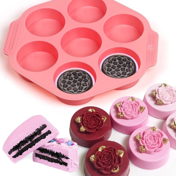 3 stk Oreo Cookie Chokolade Silikonform, 7-Hullet Rund Cylinder Oreo Chokolade Dækningsforme til Slik, Silikon Bageforme til M Pink-3Pcs