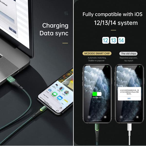 USB til Lightning iPhone Data- og Opladningskabel, Understøtter Hurtig Opladning & Data Synkronisering (Grøn, 1,2M), Nylonflettet, USB-A, Kompatibel
