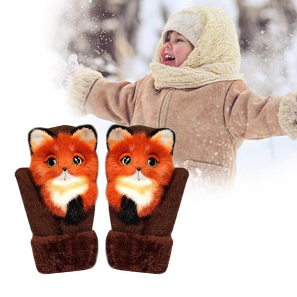 Søde håndstrikkede vanter til børn, tykke bløde vintervarme handsker med fuld finger til piger, dyretema plysforede vanter til kulde Fox-red Child