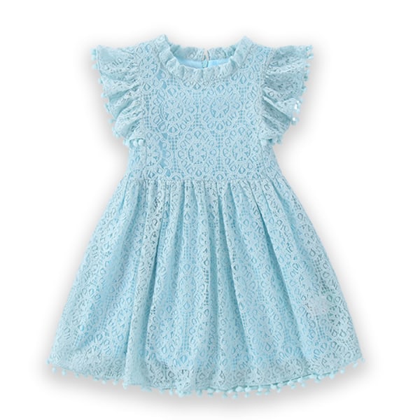 Tjejklänning Spetsklänning Ihålig spetsboll Flygärmar Barnprinsess ihålig kjol ----- Lake Blue（Storlek 110）