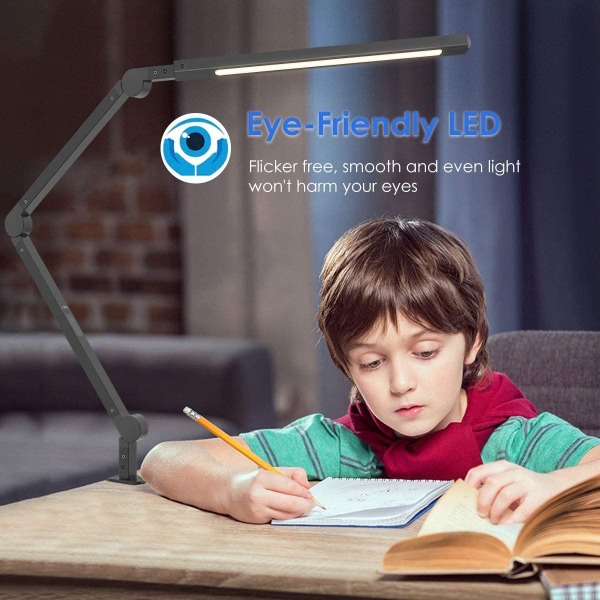 Svängarmslampa, LED-bordslampa med klämma, 9W Eye-Care dimbart ljus, timer, minne, 6 färglägen, för läsning Arbets-/hemmets sovsal (svart)