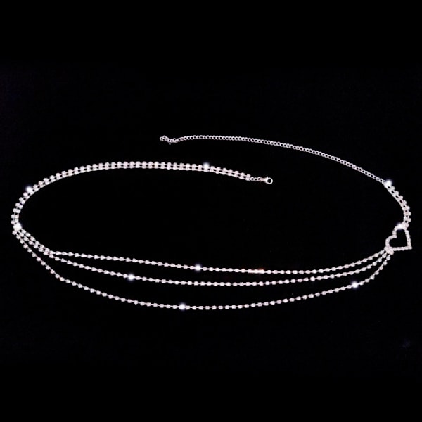Flerskiktad midjekedja med strass, magkedjor för mage, bälte, sommarkläder, strandkläder, kristallkroppssmycken för kvinnor och flickor (silver)