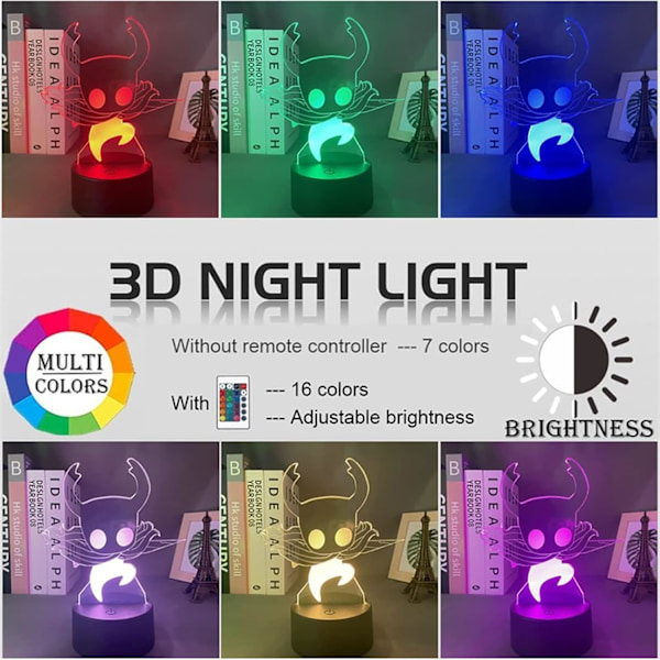 WJ Hollow Knight 3D nattlampa illusion lampa färgförändrande LED akryl RGB-lampor för sovrum Alla hjärtans dag present LED-lampor, barnrumsdekor Den ihåliga riddaren