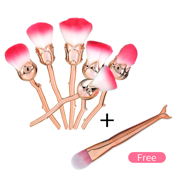 GUJHUI 6-pack Gyllene Rosborste Foundation Puder Kosmetik + 1st Makeup Fishtail Brush
