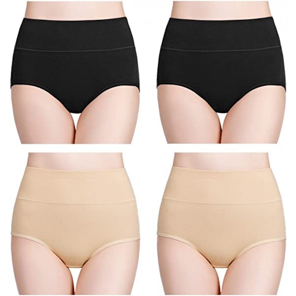 Damunderkläder i bomull med hög midja Mjuka heltrosor för damer, paket med 4, svart+skinn+svart+skinn, 2XL
