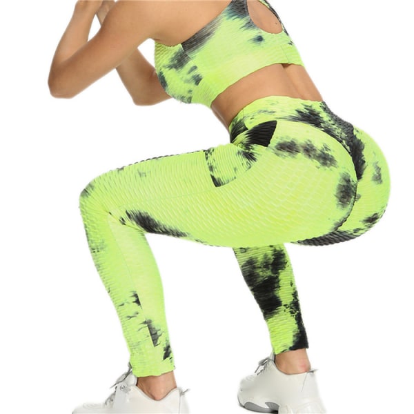 leggings för kvinnor Rumplyftande kvinnor byxa Hög midja magkontroll Träning Yogabyxor Peach hip sport för tjejer XL（Svart och gul slipsfärg）