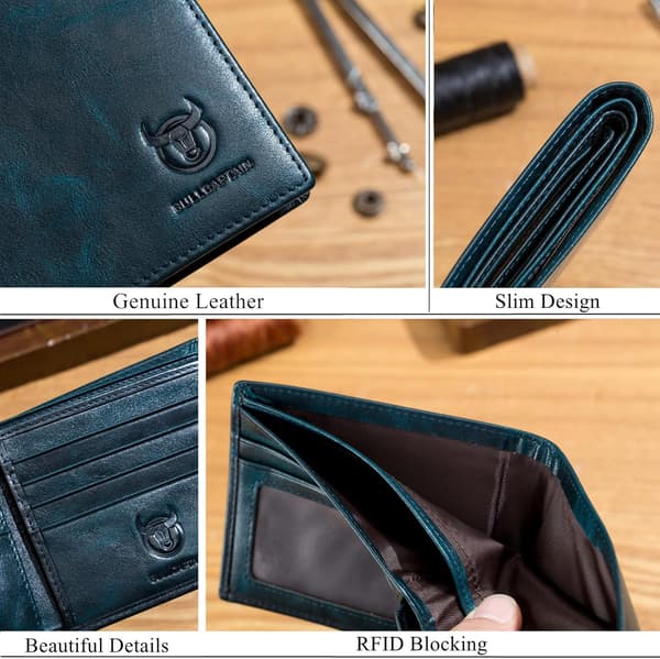 RFID-plånböcker för män Slim Bifold Äkta läder Framficka Plånbok med 2 ID-fönster QB-05 (Påfågelblå)