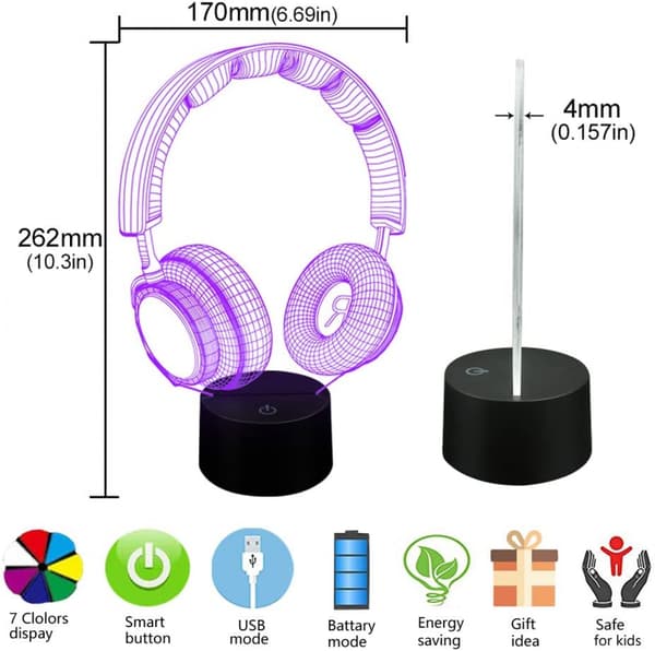 3D Illusion Hovedtelefon Headset Natlys 7 Farver Skiftende Natlys til Soveværelse Smart Touch Sensor Optisk Illusion