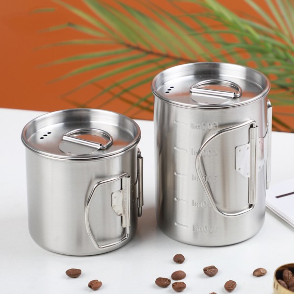 Utomhuscamping kopp i rostfritt stål camping servis vattenkopp med lock picknickkopp kokande vatten bergsklättring hopfällbar kopp äkta färg 500ml