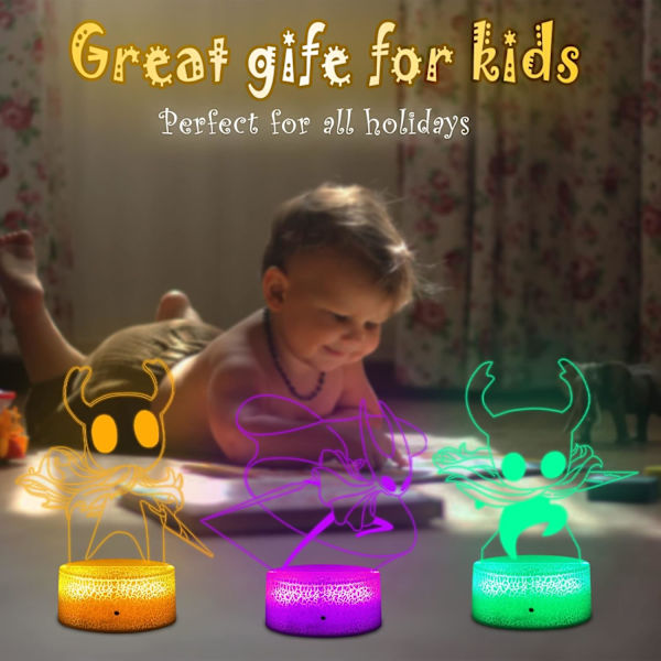WJ Hollow Knight 3D nattlys illusjonslampe fargeskiftende LED akryl RGB-lys for soverom Valentinsdag gave LED-lys, barneromsdekor Hollow Knight Combo Pack