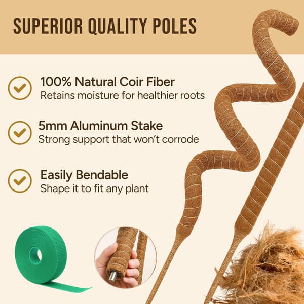 2-pack 28 tum böjbara kokosfiber-mossstöd, växtstöd för klätterväxter inomhus