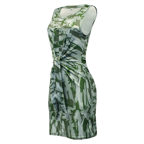 Elegant ärmlös kort klänning för damer med rund hals, knytband i midja stickad cocktailklänning, armygrön (M)