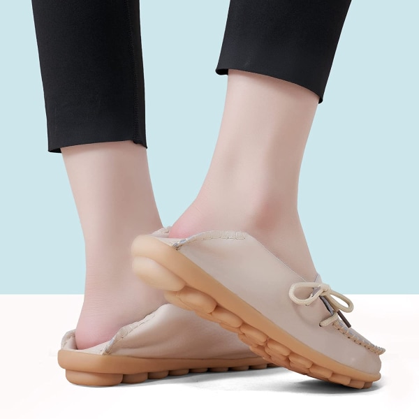 Dames loafers - Casual slip on dress loafers - komfortable lædersko til kvinder - udendørs gåture - flade sko - beige (størrelse 35)