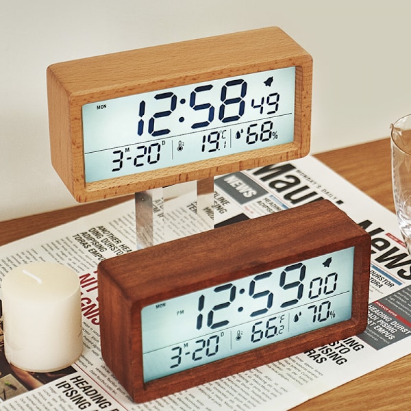 Digital väckarklocka i trä, kalender, temperatur- och luftfuktighetsskärm, 12/24 timmar, Celsius eller Fahrenheit-växling - brun