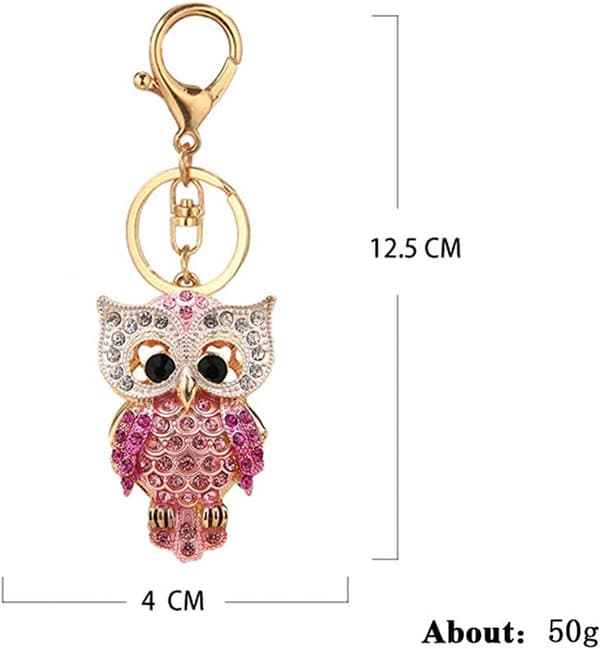 Mote nøkkelring med strassugle, gullfarget glitrende legering, rosa