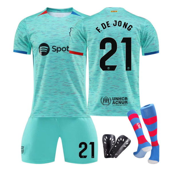 23/24 FC Barcelona Två borta barnfotbollströjor set med strumpor och skyddsutrustning 21 F.DE JONG XL