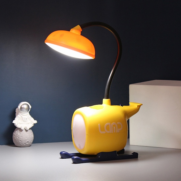 LED-skrivbordslampa för barn, liten skrivbordslampa med USB-laddningsport och pennhållare, ögonvänlig studiebordslampa sovsal sovrumsläsning (gul)