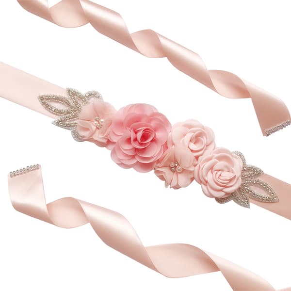 Bröllopssashbälte med blommor, pärlor, strass, klänning, graviditetsbälte, brudtärnor, ljusrosa