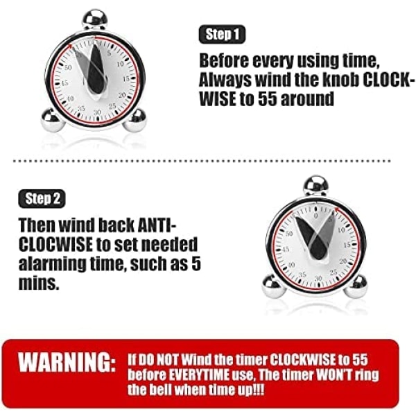 Kjøkkenur for matlaging, nedtellingsalarmklokke, opptrekk 60 minutter, for barn i klasserom, lærere, møteledelse, undervisning (sølv)