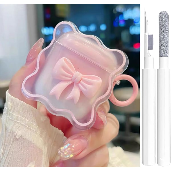 Sött genomskinligt skal för AirPods 2/1 Generation, flickigt 3D rosett design mjukt TPU skyddande stöttåligt Kawaii Apple iPod 2nd/1st Generation Fodral Bow pink+Cleaner Kit