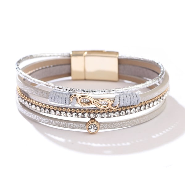 Boho Armband Läder Manschett Armband Flätad Diamant Flerlagers Armband Dam Stapelbar Infinity Armband Smycken med magnetlås (Grå)