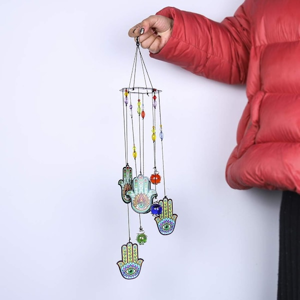 Hamsa Hand Metalliska Vindspel Utomhus Onda Ögat Chakra Glaspärlor Vindspel för Utomhus Hands