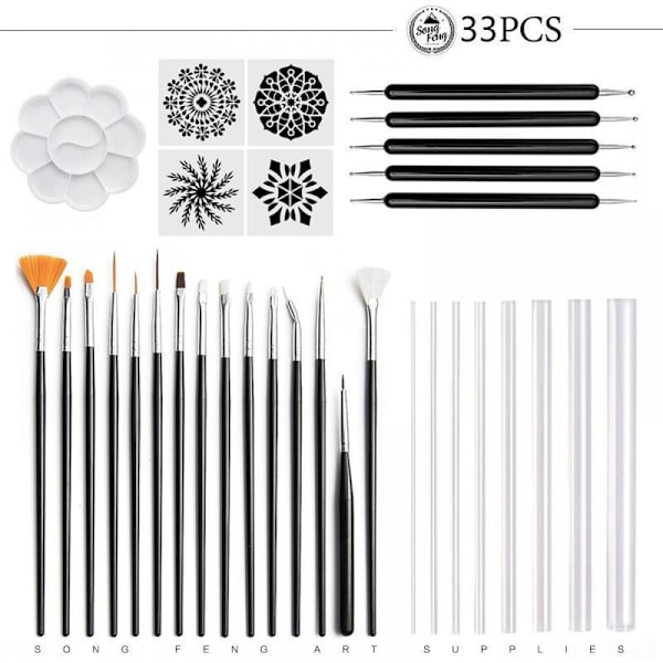 33-delad Mandala Dotting Tools Set för att måla stenar, måla stenar Dot Kit, Mandala Stenciler, Akrylpinne, Point Drill Tool, Plus Stencil (stil 2)