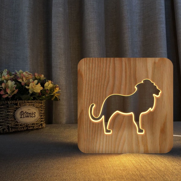 Glödlampa Nattljus för lejon Trä 3D-lampa Kreativa träljus Enkla dekorativa ljus 3D träsniderimönster LED-nattlampa för skrivbord