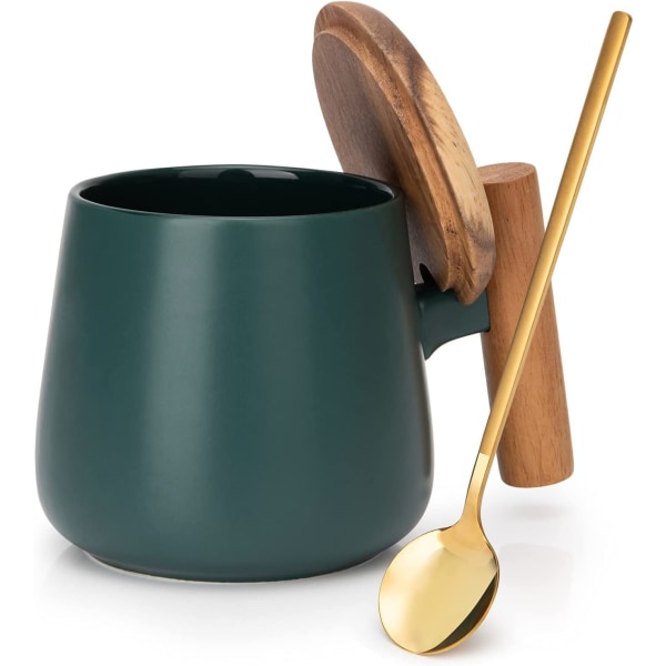 Keramisk kaffekrus, tekopp til kontor og hjem, 14 oz kaffekopper med låg og kaffeske, fødselsdag, (grøn)