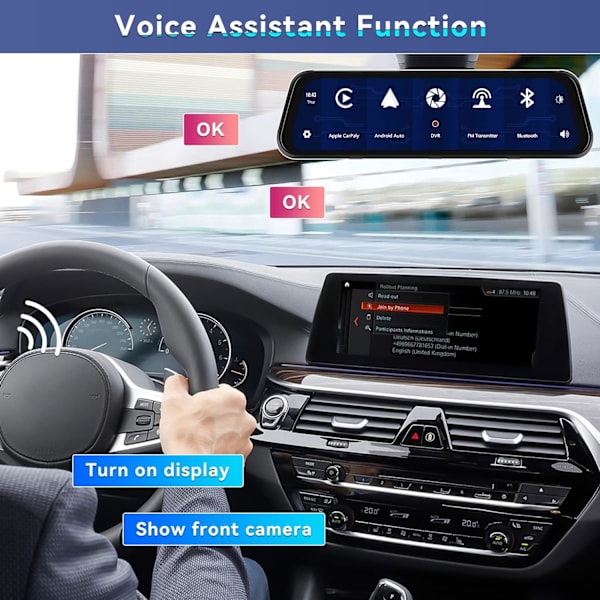 Spegel Dash Cam med trådlös Apple CarPlay Android Auto, 1080P Fram och Bak Dubbel Dash Cam för Bilar, Lastbilar, 9,66 '' IPS Touchscree