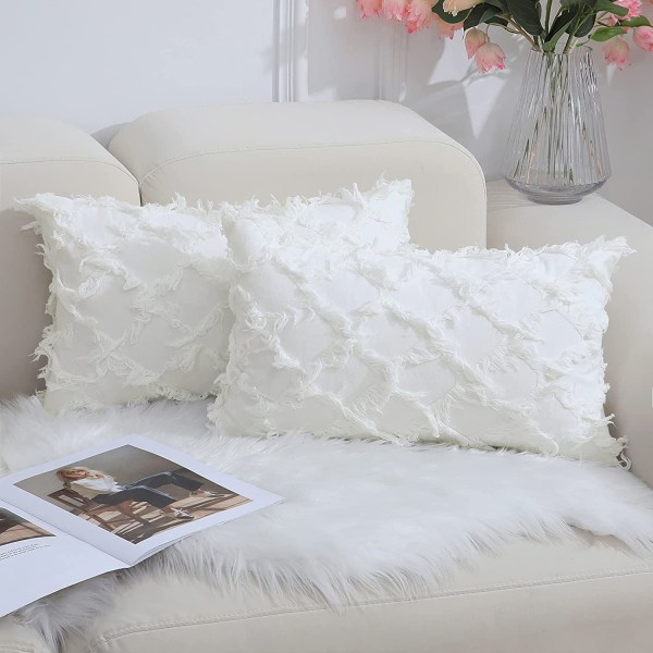 Off White Koristeelliset Tyynynpäälliset 12 x 20 Tuumaa Pakkaus 2 Boho Heittotyynynpäälliset Sovalle ja Sovalle, 100% Puuvilla