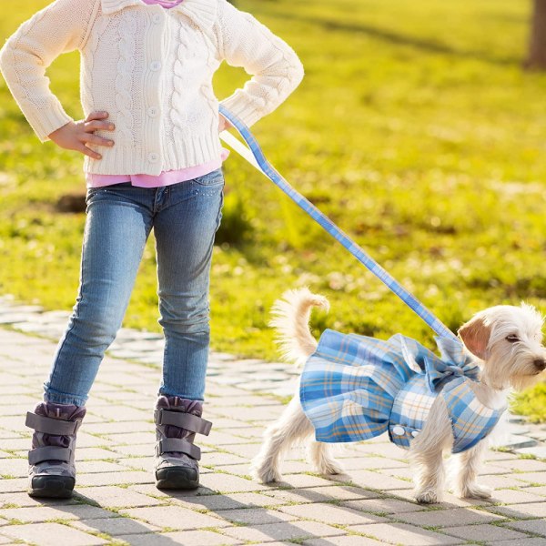 Rutete hundekjole med nakkebånd og snorsett - Kjole med snøring for søte hunder, kjæledyrjenter og valper - Sommerkjole (størrelse M)