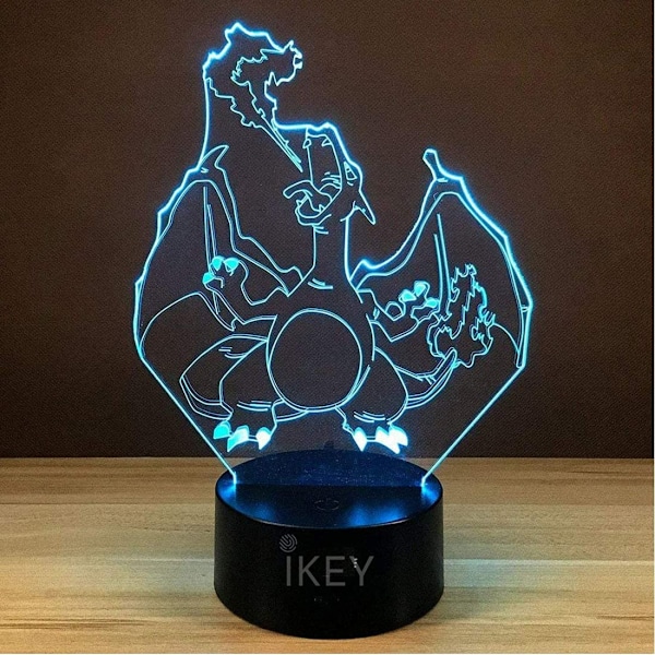 3D Illusion Charizard LED nattlys, 7 farger gradvis endring USB berøring bryter 3D visuelle lys for feriegaver eller hjemmedekorasjoner