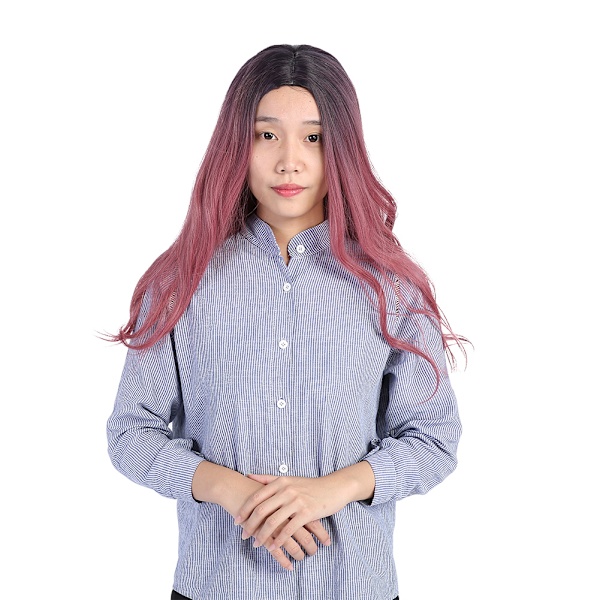 Naisten pitkä vaaleanpunainen aaltoileva synteettinen hiuslämänkestävä cosplay-kihara peruukki