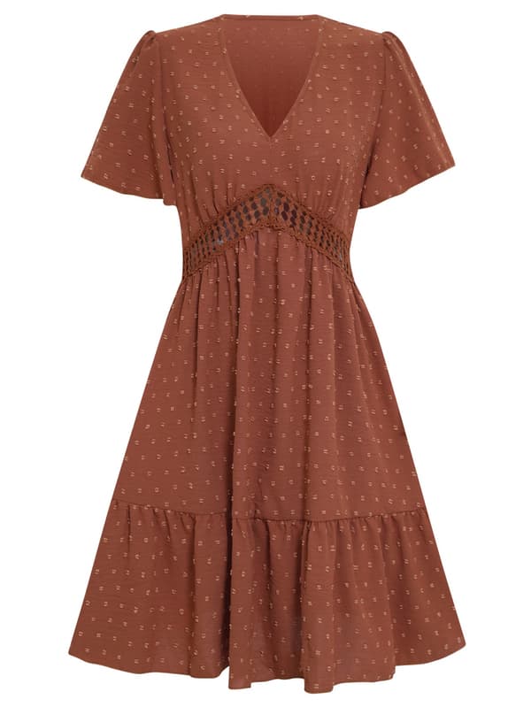 Kvinde Sommer Solid Farve Puff Korte Ærmer V-Hals Elastisk Talje Swing Ruffle A-Linje Midi Kjole (Mursten-Rød M)