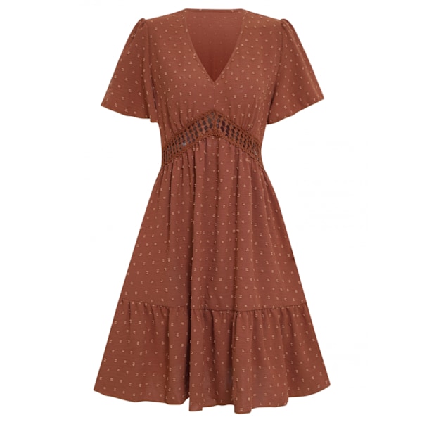 Kvinde Sommer Solid Farve Puff Korte Ærmer V-Hals Elastisk Talje Swing Ruffle A-Linje Midi Kjole (Mursten-Rød S)