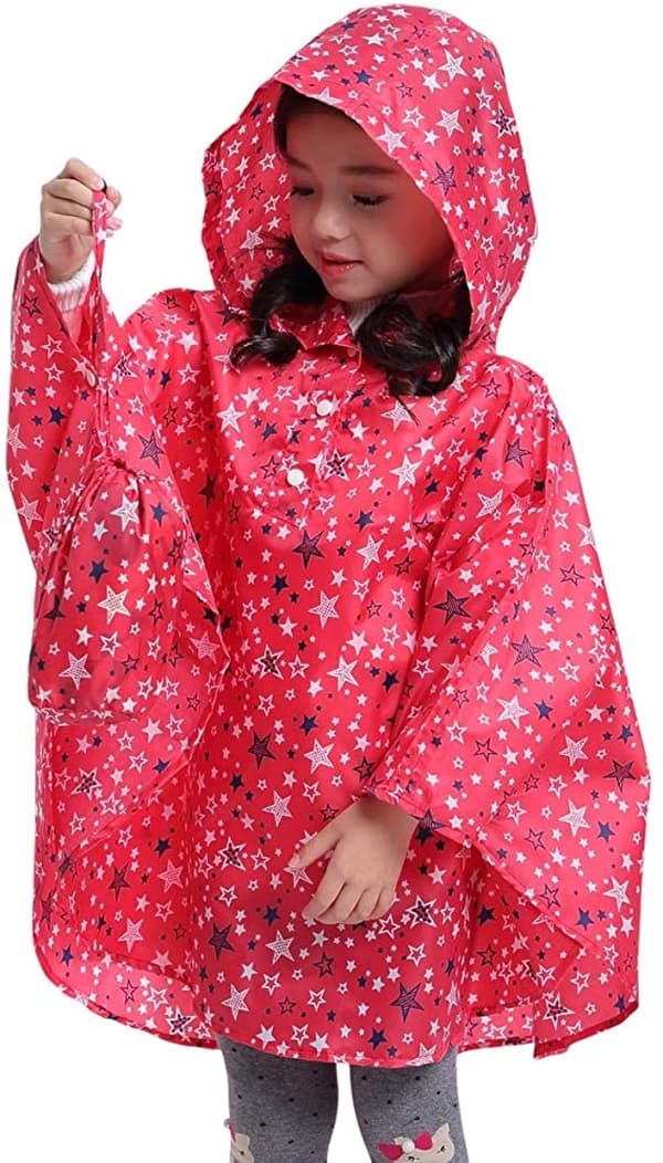 Barne regnponcho med hette, rosa stjerne, L