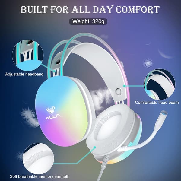 USB Gaming Headset med mikrofon til pc, RGB Rainbow Backlit Hovedtelefon, Virtual 7.1 Surround Sound, 50mm Driver, Bløde Memory Øremuffer, Wi