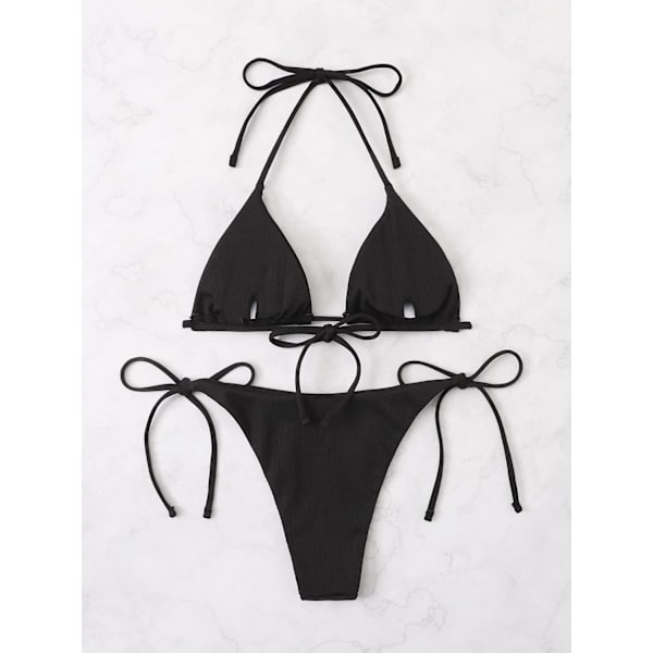 Dam Halter Tie Side Triangle Bikini Set Hög Skuren 2 Delad Bikini Baddräkt Black a XL