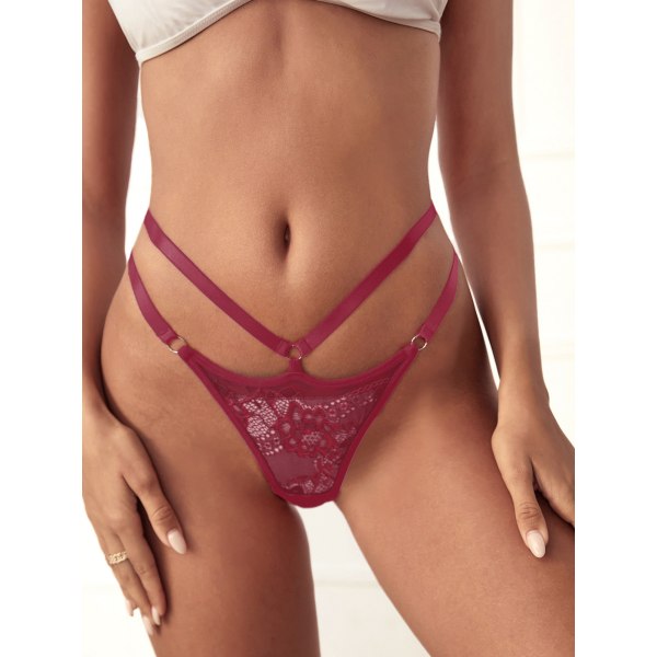 5-pack G-String stringtrosor för kvinnor Sexiga spets underkläder för damer No Show T-back Tanga trosor, vinröd, M