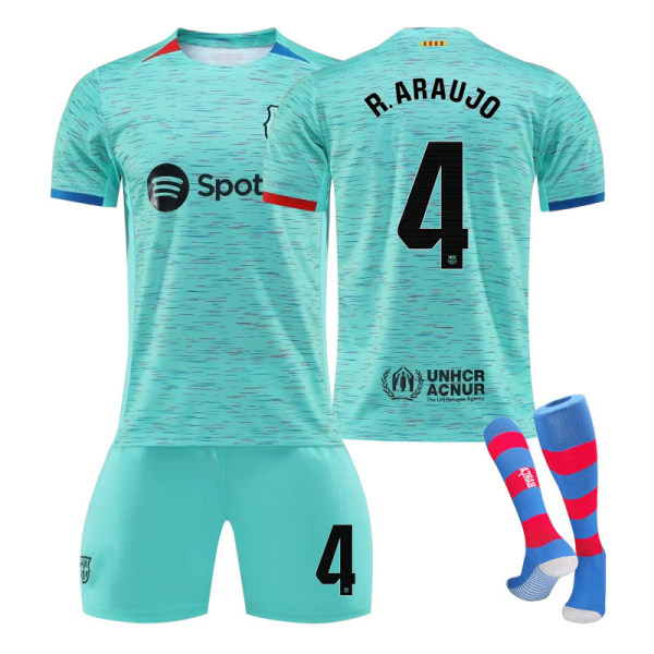 23/24 FC Barcelona To Away Børns Fodboldtrøje Sæt med Strømper 4 R.ARAUJO 3XL