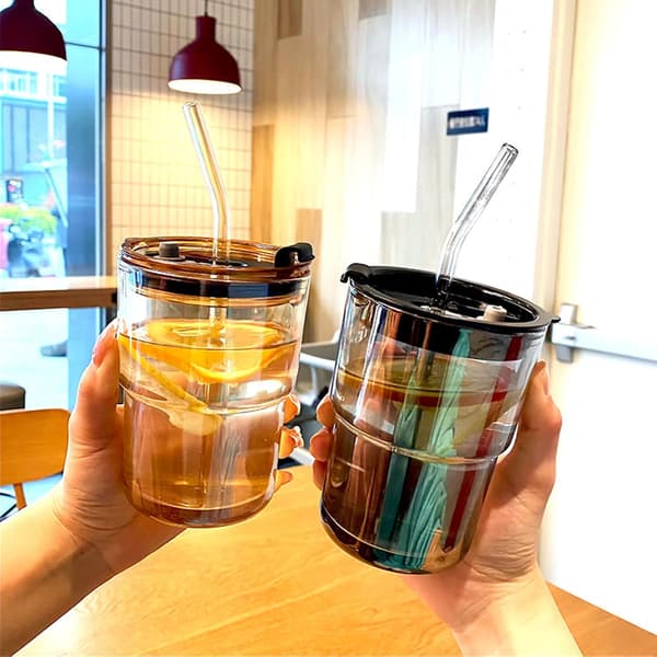 400 ml Isolerad Glasmugg med Lock och Sugrör - Gråfärgad, Läckagesäker, Dubbelväggig för Kaffe, Iste - Bärbar Resemugg Grey